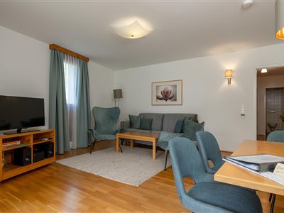 Ein modernes Wohnzimmer mit einem gemütlichen Sofa und einem Fernseher. Die Raumgestaltung ist hell und einladend, mit Holzfußboden und dekorativen Elementen.