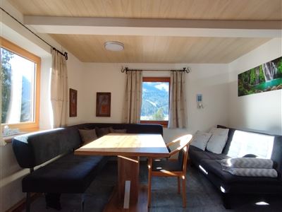 gemütiches Wohnzimmer mit Essplatz, Couch, TV und Radio