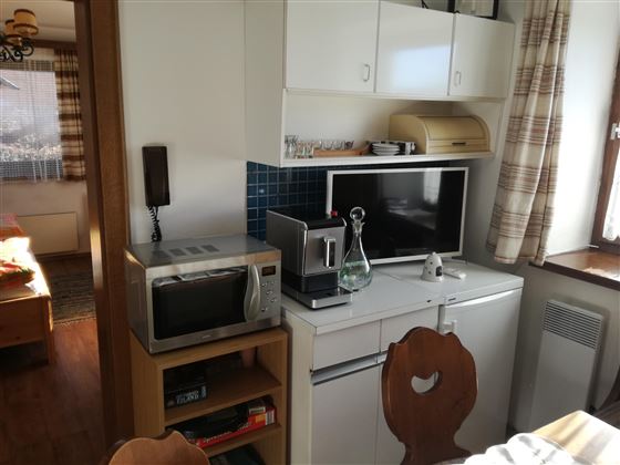 Eine gut eingerichtete Küche mit einem Kühlschrank, Mikrowelle und einer Kaffeemaschine. Das Aussehen ist freundlich und einladend. Ein Fernseher steht zur Verfügung.