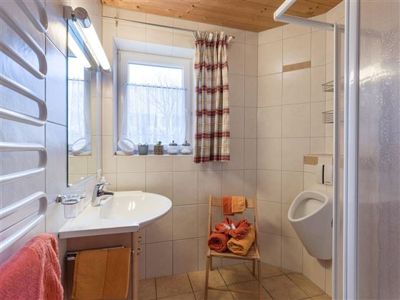 Dusche , Pisoar, Waschbecken sowei Stauraum im Waschtisch, Föhn