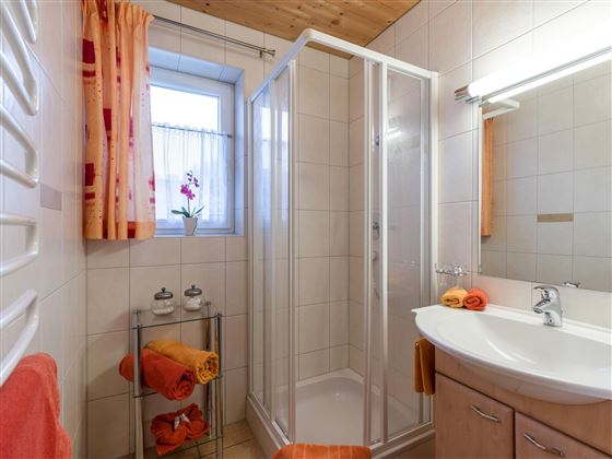 Dusche und Waschbecken sowie Stauraum im Waschtisch, Föhn