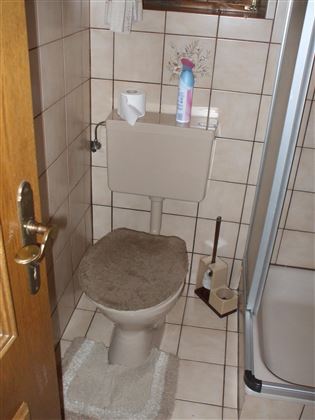 Ein kleines Badezimmer mit einer Toilette und einer Duschkabine. Die Wände sind gefliesen Toilet.