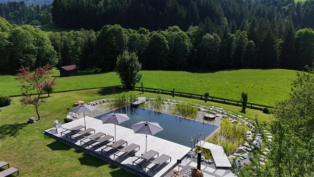 Ein ruhiger Außenpool umgeben von grüner Wiese und Bäumen. Liegen und Sonnenschirme laden zum Entspannen ein.