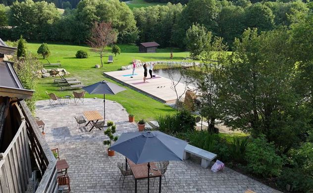 patio and swimming pond