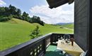 Ein schöner Balkon mit einem Tisch und Stühlen, Blick auf grüne Wiesen und Hügel. Die Landschaft ist sonnig und friedlich.