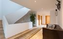 Ein moderner Flur mit heller Beleuchtung und einer eleganten Treppe. Links steht ein Sofa und eine Pflanze sorgt für eine angenehme Atmosphäre.
